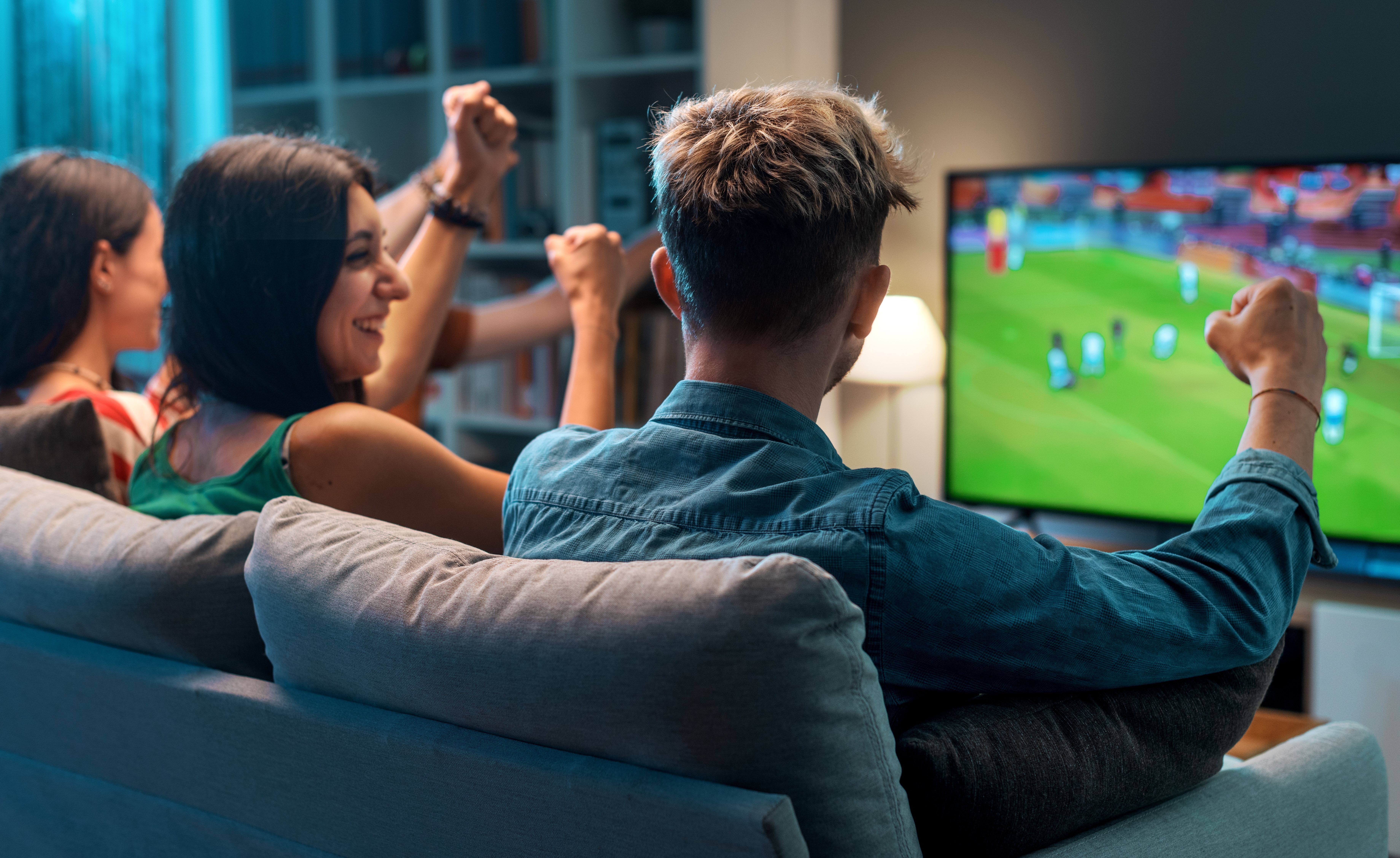 people cheering and watching sports on tv