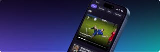 purple and blue gradient background with a phone showing sports highlights