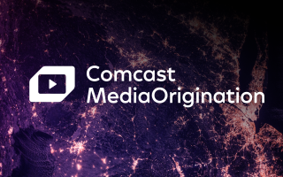 Comcast MediaOrigination logo over abstract city lights