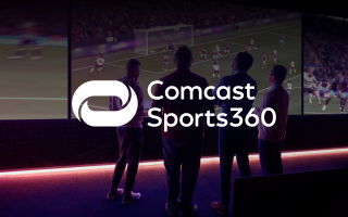 Comcast Sports360 logo over people looking at large screens