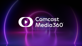 Comcast Media360 logo over purple and pink abstract circles
