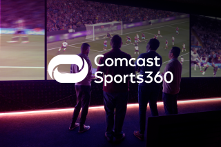 Comcast Sports360 logo over people watching sports in a large screen