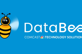 Animated bee buzzing around next to DataBee logo lockup with Comcast Technology Solutions