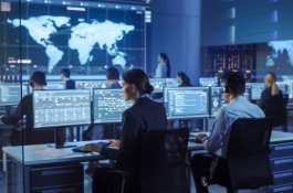 woman in security room with multiple computer monitors