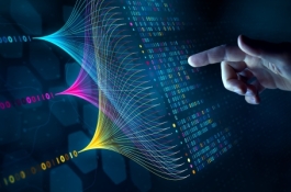 Big data technology and data science. Data scientist querying, analysing and visualizing complex set on virtual screen. Data flow concept. Neural network, artificial intelligence, ML, analytics.