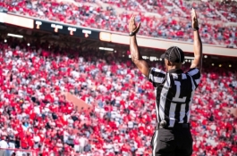 referee signaling for a goal with audience 