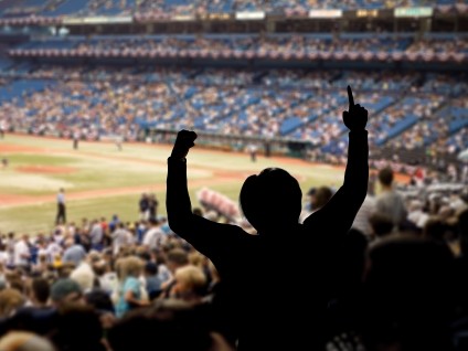 crowd cheering at sports stadium