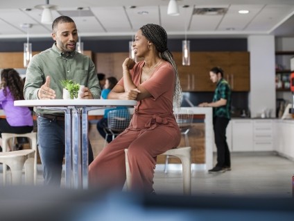 business people talking breakroom