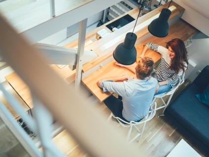 people two people talking